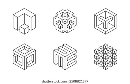 Black and white Cube logo, geometric vector design. Set box logotype company, trendy techno emblem in isometric 3D style.