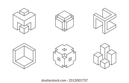 Black and white Cube logo, geometric vector design. Set box logotype company, trendy techno emblem in isometric 3D style.