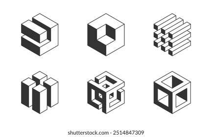 Black and white Cube logo, geometric vector design. Set box logotype company, trendy techno emblem in isometric 3D style.