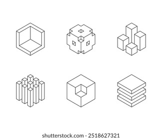 Black and white Cube logo, geometric vector design. Set box logotype company, trendy techno emblem in isometric 3D style.