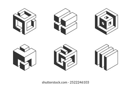Black and white Cube logo, geometric vector design. Set box logotype company, trendy techno emblem in isometric 3D style.