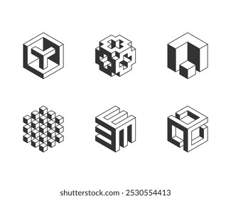 Logotipo del cubo blanco y negro, diseño geométrico del Vector. Empresa de logotipos de caja, emblema techno de moda en estilo 3D isométrico.