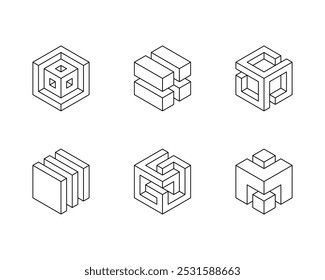 Black and white Cube logo, geometric vector design. Set box logotype company, trendy techno emblem in isometric 3D style.