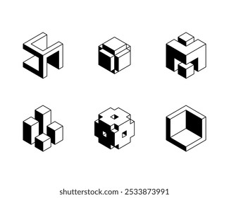 Black and white Cube logo, geometric vector design. Set box logotype company, trendy techno emblem in isometric 3D style.