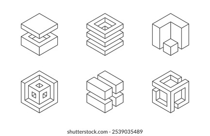 Black and white Cube logo, geometric vector design. Set box logotype company, trendy techno emblem in isometric 3D style.