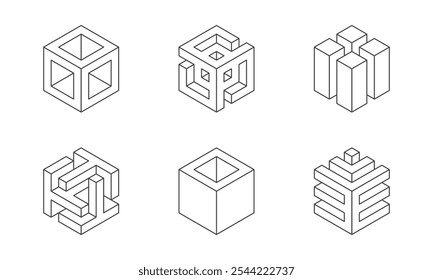 Logo do Cubo preto e branco, design vetorial geométrico. Set box logotipo empresa, moderno techno emblema em estilo 3D isométrico.