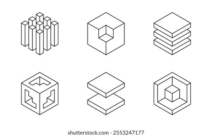 Black and white Cube logo, geometric vector design. Set box logotype company, trendy techno emblem in isometric 3D style.