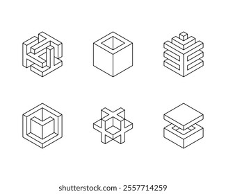 Black and white Cube logo, geometric vector design. Set box logotype company, trendy techno emblem in isometric 3D style.