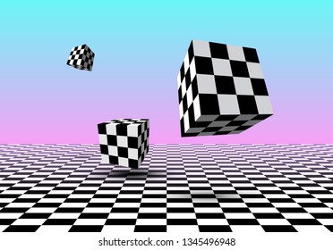 Black and white cubes flying over checkered floor with pink and blue gradient background in vaporwave style