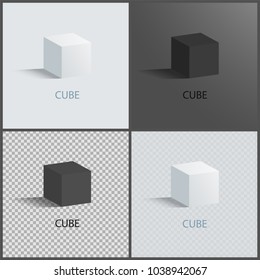 Black and white cubes set, vector illustration, geometric prisms collection, transparent background, cube`s shade, polygonal prisms, square figures
