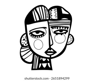 Black and White Cubist Face with Graphic Details Vector Illustration for Abstract Art Themes in Minimalist Style