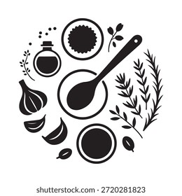 Arranjo culinário preto e branco com ervas especiarias e ferramentas de cozinha