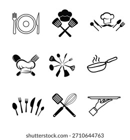 Conjunto de íconos de cocina y utensilios de cocina culinarios en blanco y negro Ilustración vectorial