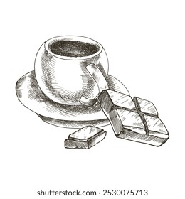 Black and white cup of coffee with chocolate pieces ink graphics. Breakfast hot beverage illustration, hand drawn cafe or bakery logo, label design. Menu, packing .poster decor