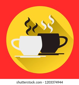 black and white cup of coffee in flat icon background.