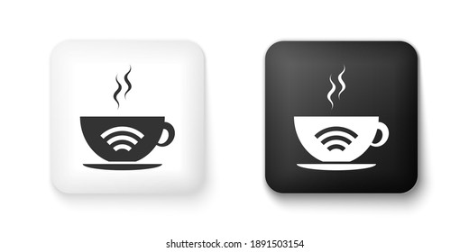 Black and white Cup of coffee shop with free wifi zone icon isolated on white background. Internet connection placard. Square button. Vector.