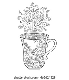 Black and white cup of coffee or tea. Coloring for adults and children with a floral pattern. Funny, positive, elegant scrawl. To set the mood and relaxation
