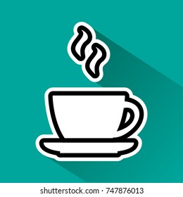 Black and white cup of hot drink with shadow on turquoise background. Vector illustration