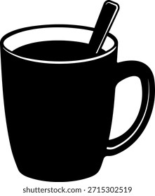 Schwarz-weiße Tasse mit Tee oder Kaffee und einem Teelöffel ohne Hintergrund.