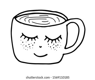 Black and white cup vector illustration. Hand drawing outline mug with eyes in Scandinavian style. Hygge 
dishes.