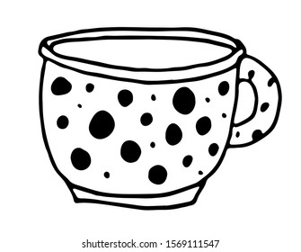 Black and white cup vector illustration. Hand drawing outline mug with polka dot. Hygge dishes.