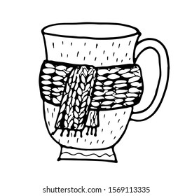 Black and white cup vector illustration. Hand drawing outline mug with knitted scarf. Hygge dishes.