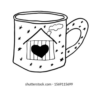 Black and white cup vector illustration. Hand drawing outline mug with Scandinavian house.