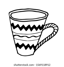 Black and white cup vector illustration. Hand drawing outline mug with geometric pattern.  