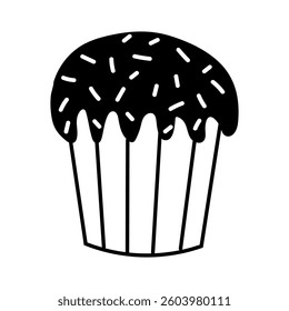 Black and white cupcake with chocolate frosting and sprinkles on top in simple cartoon style