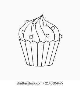 Black and white cupcake with cream and berries. Hand-drawn vector illustration for design, menu, advertising, cafe, children's coloring