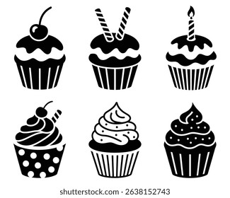 Black and White Cupcake Silhouettes with Toppings for Birthday and Celebration Designs, Stylized Black and White Cupcakes Showcasing Different Toppings for Sweet Delights	