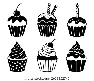 Black and White Cupcake Silhouettes with Toppings for Birthday and Celebration Designs, Stylized Black and White Cupcakes Showcasing Different Toppings for Sweet Delights	
