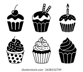 Black and White Cupcake Silhouettes with Toppings for Birthday and Celebration Designs, Stylized Black and White Cupcakes Showcasing Different Toppings for Sweet Delights	