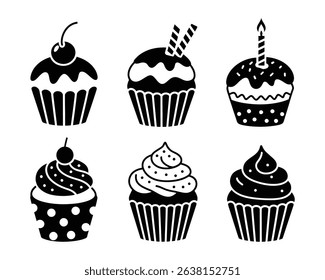 Black and White Cupcake Silhouettes with Toppings for Birthday and Celebration Designs, Stylized Black and White Cupcakes Showcasing Different Toppings for Sweet Delights	