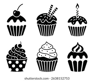 Black and White Cupcake Silhouettes with Toppings for Birthday and Celebration Designs, Stylized Black and White Cupcakes Showcasing Different Toppings for Sweet Delights	