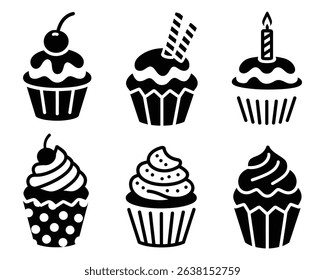 Black and White Cupcake Silhouettes with Toppings for Birthday and Celebration Designs, Stylized Black and White Cupcakes Showcasing Different Toppings for Sweet Delights	