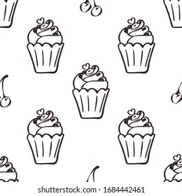 Black and white cupcakes seamless pattern. Hand drawn muffins background. Great for coloring book, wrapping, printing. Vector illustration