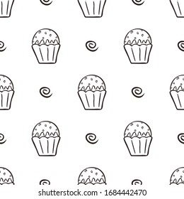 Black and white cupcakes seamless pattern. Hand drawn muffins background. Great for coloring book, wrapping, printing. Vector illustration