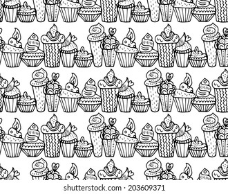 Black and white cupcakes seamless pattern in vector. Cake background. Cake vector. Cake dessert sketch.