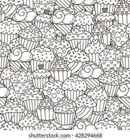 Black and white cupcakes seamless pattern. Hand drawn muffins background. Great for coloring book, wrapping, printing, fabric, textile. Vector illustration