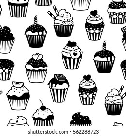 Black and white cupcakes seamless pattern. Vector muffins fabric print.