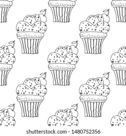 Black and white cupcakes with sprinkles and cherries on a white background .Seamless pattern coloring book for kids and adults. Suitable for packaging, fabrics, wallpapers and simple colorings