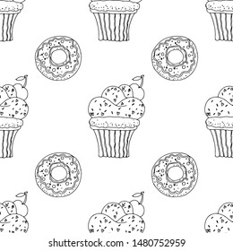 Black and white cupcakes with sprinkles and donuts on a white background. Seamless pattern coloring book for kids and adults. Suitable for packaging, fabrics, wallpapers and simple colorings