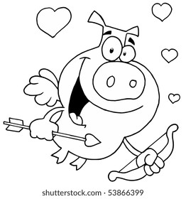 Black And White Cupid Pig With Hearts, A Bow And Arrow