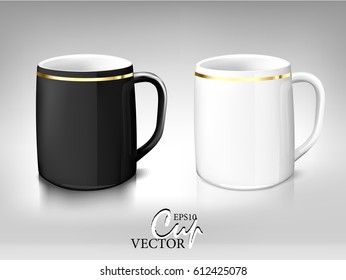 black and white cups of different shades with a gold border
