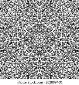 Black and white curly ornament, vintage vector seamless pattern