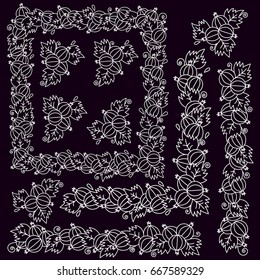 Black and white currant berry doodle decorative elements vector set