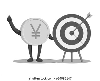 black and white currency character yen with arrow target black and white style