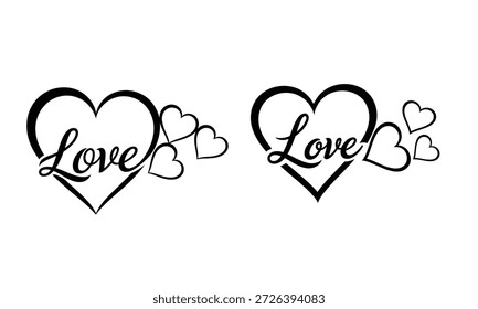 Tipografía de amor cursiva en blanco y negro dentro de los contornos del corazón, ideal para diseños románticos de camisetas o tarjetas.
