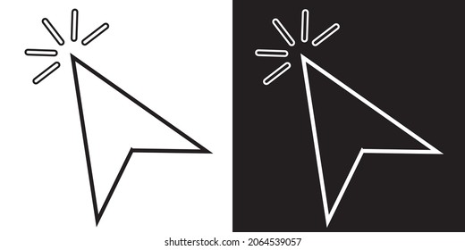 Icono de línea de cursor en blanco y negro. Haga clic en el vector de icono. Icono de flecha de puntero. Símbolo vector en estilo plano de moda sobre fondo blanco y negro